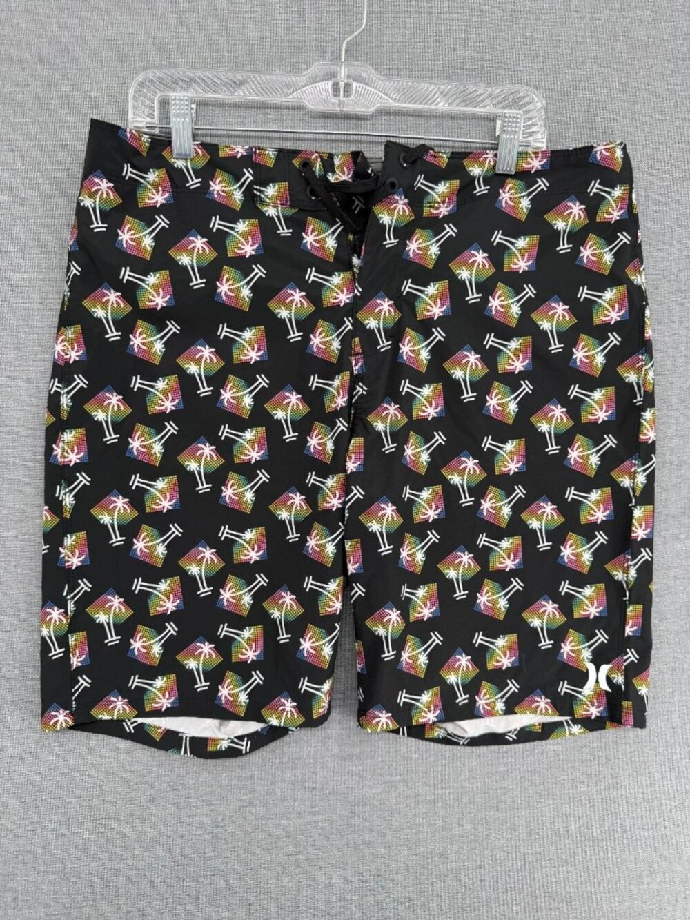 Hurley Board Shorts Mens 34 10" Beach Swim Trunks Black Palm Trees Drawstring